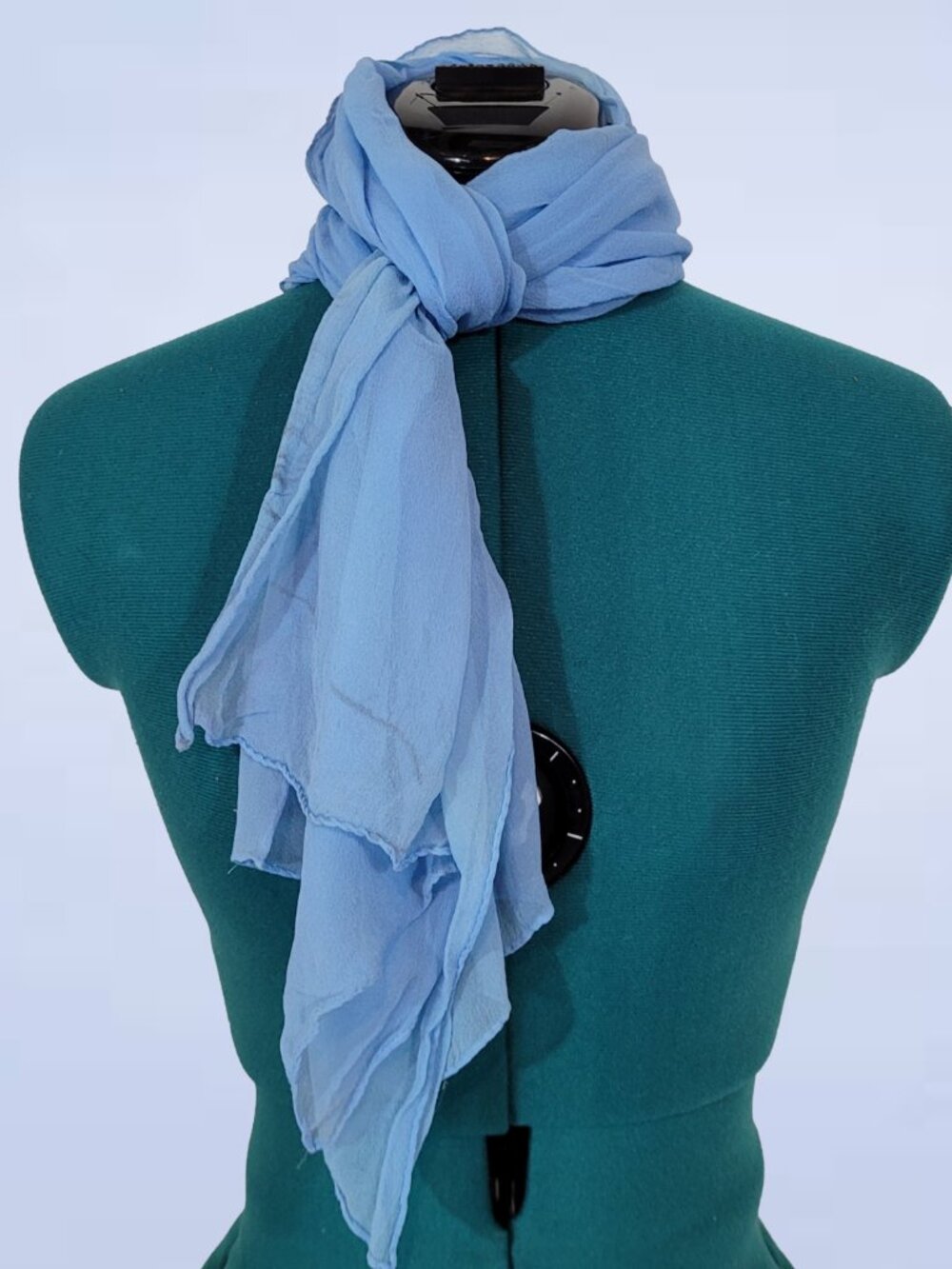 Blue Silk Chiffon Hand Rolled Hem Long Scarf